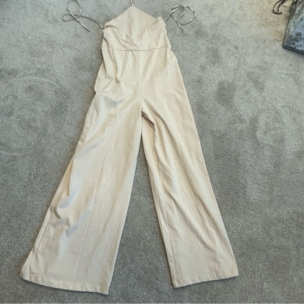 Zara beige cream ruffle frill halter top wide leg jumpsuit 100% cotton S NWOT - Picture 6 of 16